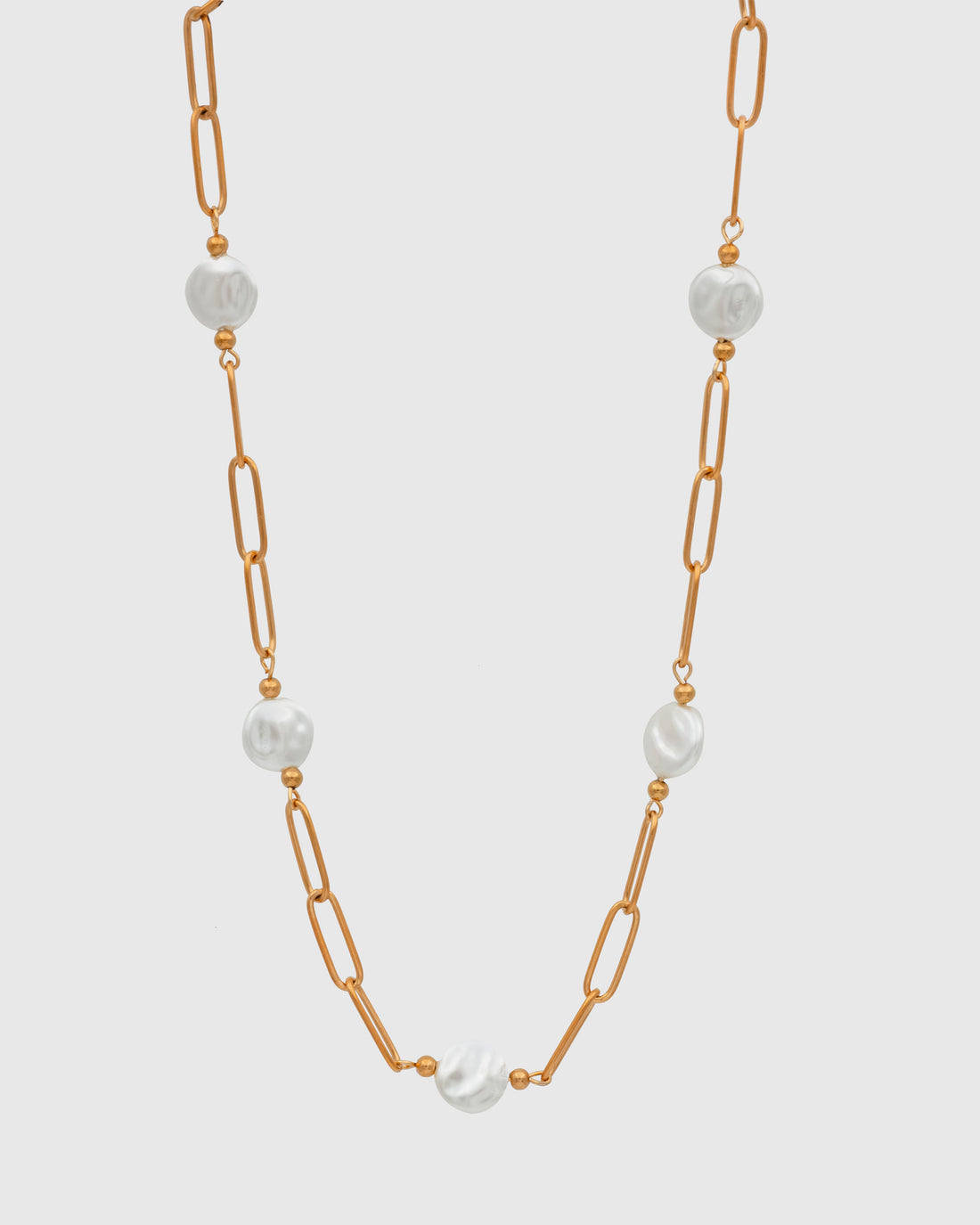 Saftey Pin Chain With Flat Round Pearls Necklace