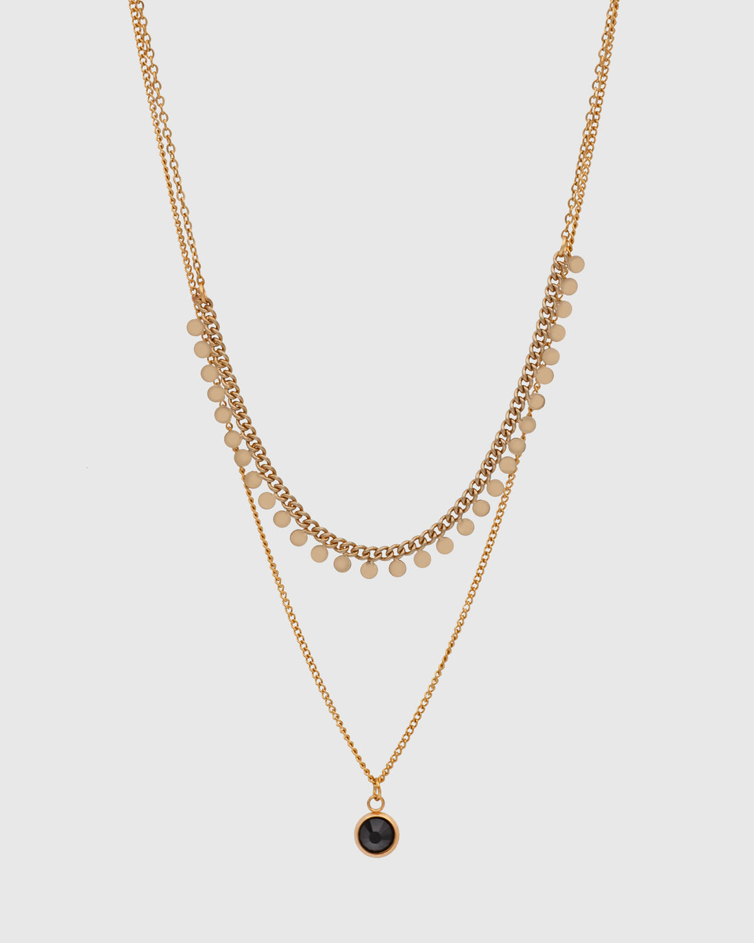 Multi-Small Disc And Black Stone Double Chain Necklace