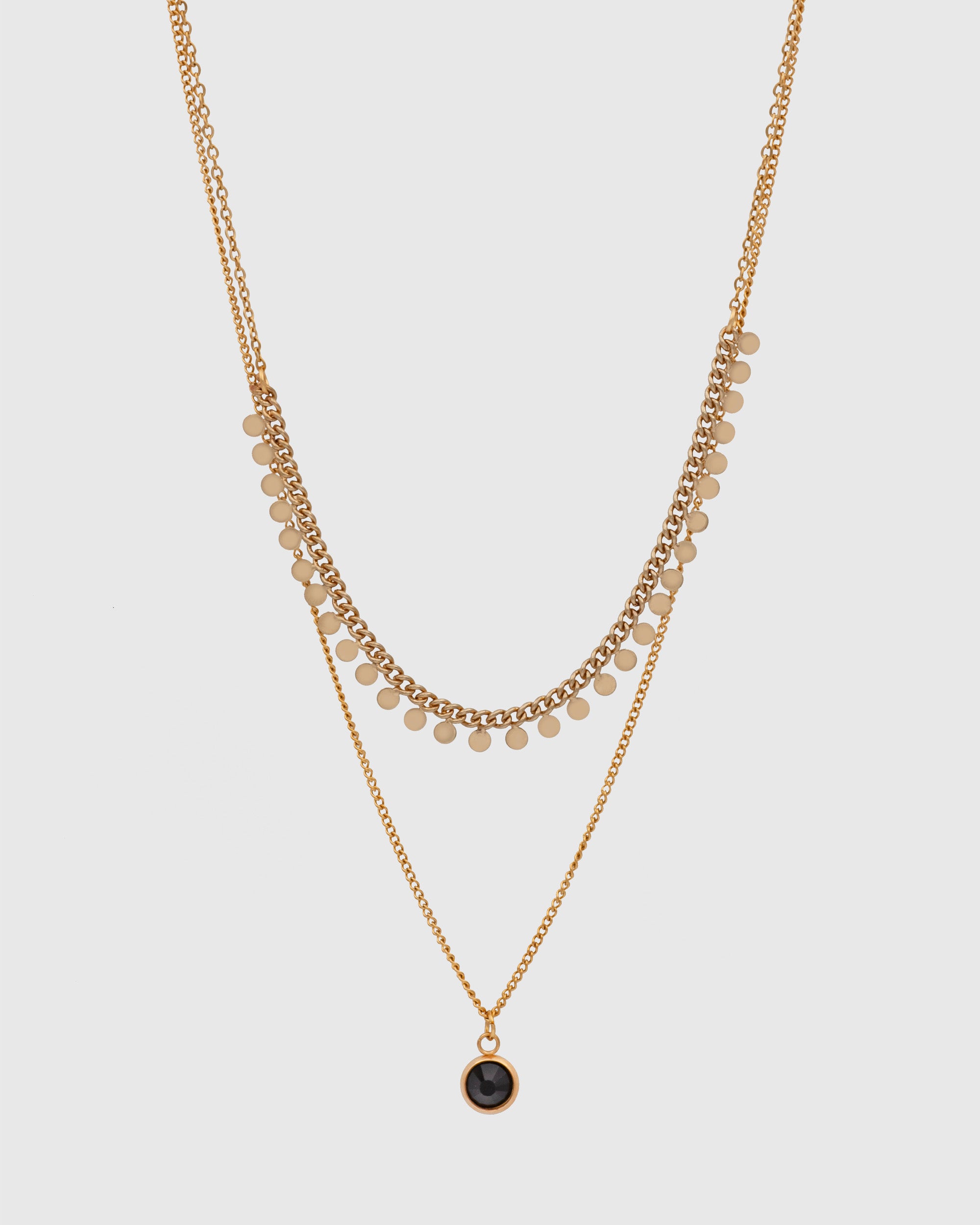 Multi-Small Disc And Black Stone Double Chain Necklace
