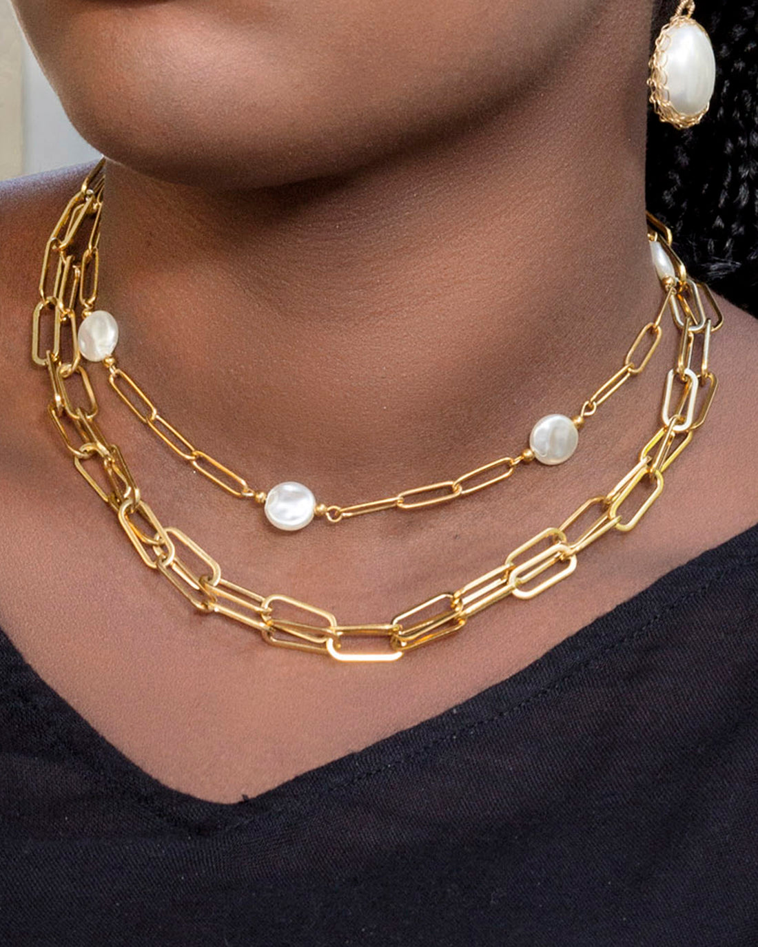 Saftey Pin Chain With Flat Round Pearls Necklace
